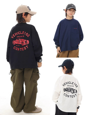 男童日系复古汽车印花T恤2026春季新款童装长袖t中小童休闲上衣潮