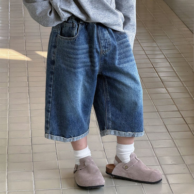 奶酪与喵童装牛仔短裤2026年春款深蓝水洗翻边宽松休闲百搭七分裤