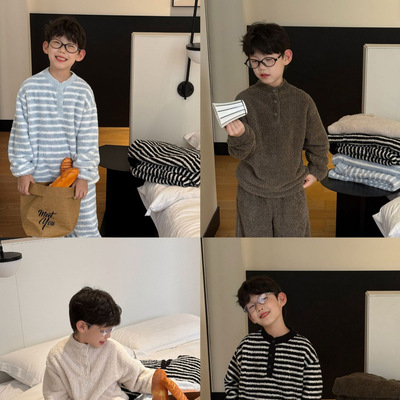 泰如2025冬季新款韩版男童舒适加厚毛圈家居服套装儿童上衣长裤