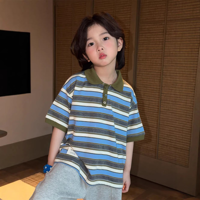 2026春夏新款韩国儿童条纹撞色polo短袖男女童舒适百搭贴标T恤潮