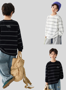 2026春季新款男童山系字母印花条纹T恤中大童柔软百搭长袖打底衫