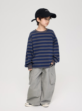 2026春季新款男童复古条纹圆领上衣中大童宽松长袖T恤棉打底衫潮