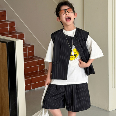 棉小铺男童夏季套装儿童韩版2026新款条纹西装马甲短裤童装两件套