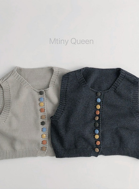 Mtinyqueen~韩版春秋儿童毛衣针织背心男女宝童装彩色扣子全棉潮