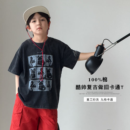 美式复古潮童2026夏砂洗全棉短袖T恤中大童卡通字母时髦做旧上衣