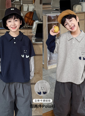 童酷2026男童春款口袋立体卡通娃娃宝宝T恤假两件翻领儿童POLO衫