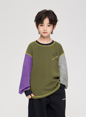 2026春季新款男童字母印花撞色圆领打底衫中大童洋气宽松长袖T恤
