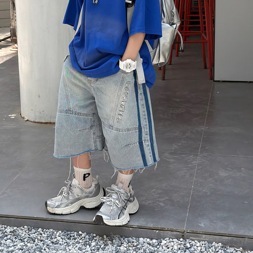 泰如2026夏季新款儿童设计感毛边牛仔短裤男童侧条纹百搭水洗短裤