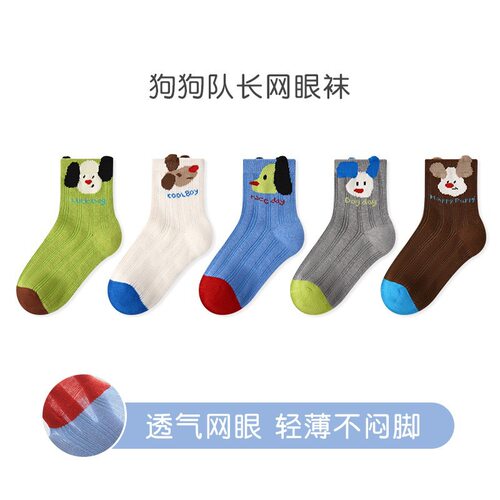 儿童夏季透气网眼袜运动卡字母通无骨袜子宝宝中筒袜5双装棉袜潮