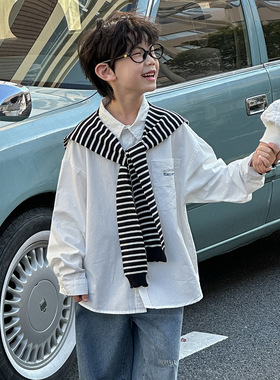 棉小铺男童衬衫儿童春季韩版2026新款白色简潮带披肩长袖童装衬衣