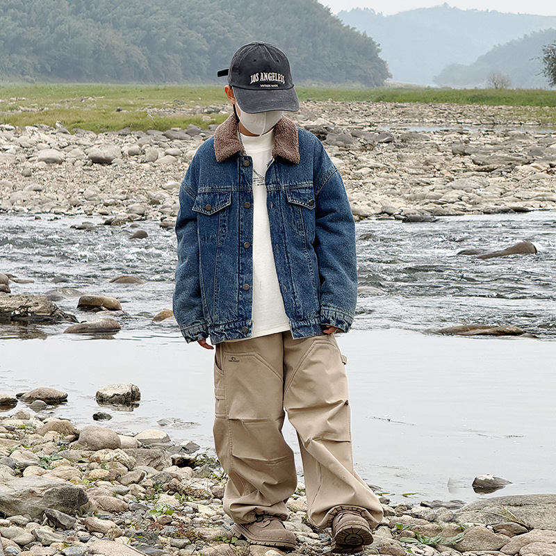 宝多童装儿童加厚牛仔外套夹克男童加绒冬季2025新款棉服110-170