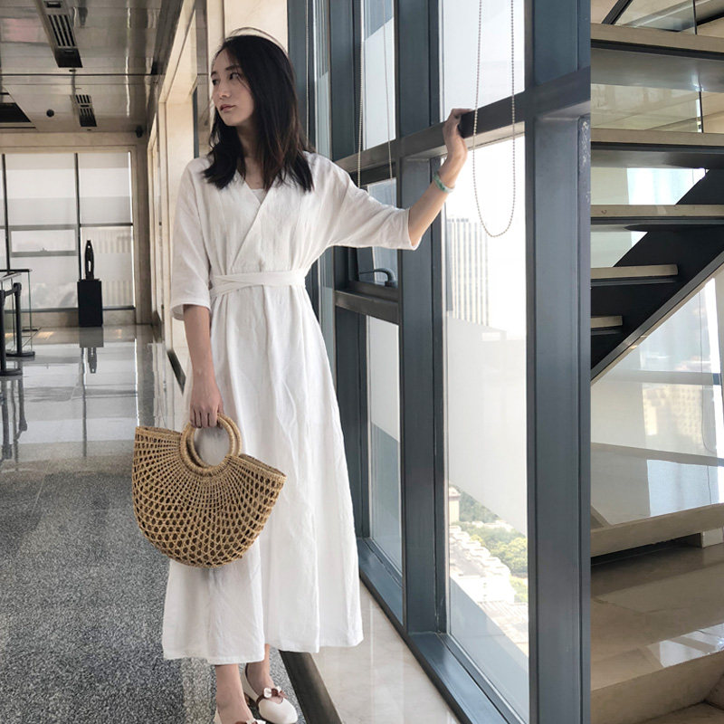 冷淡风白色棉麻提花连衣裙2019女夏收腰长款大摆显瘦裙子 可定制