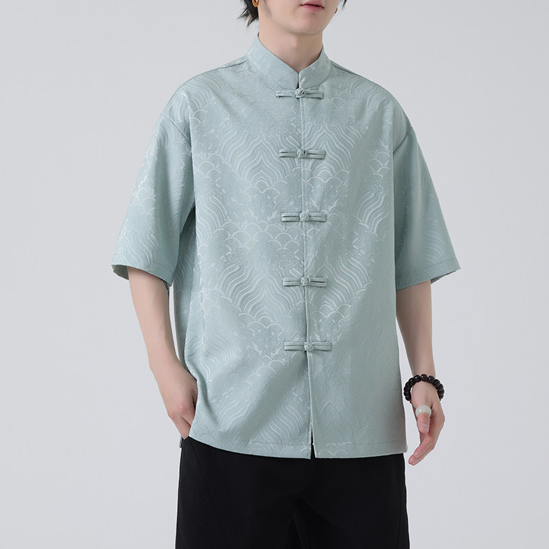 改良汉服男中国风夏季薄款冰丝短袖衬衫新中式提花唐装大码衬衣男,男装,唐装,淘宝优惠券,粉丝福利购,淘宝优惠卷