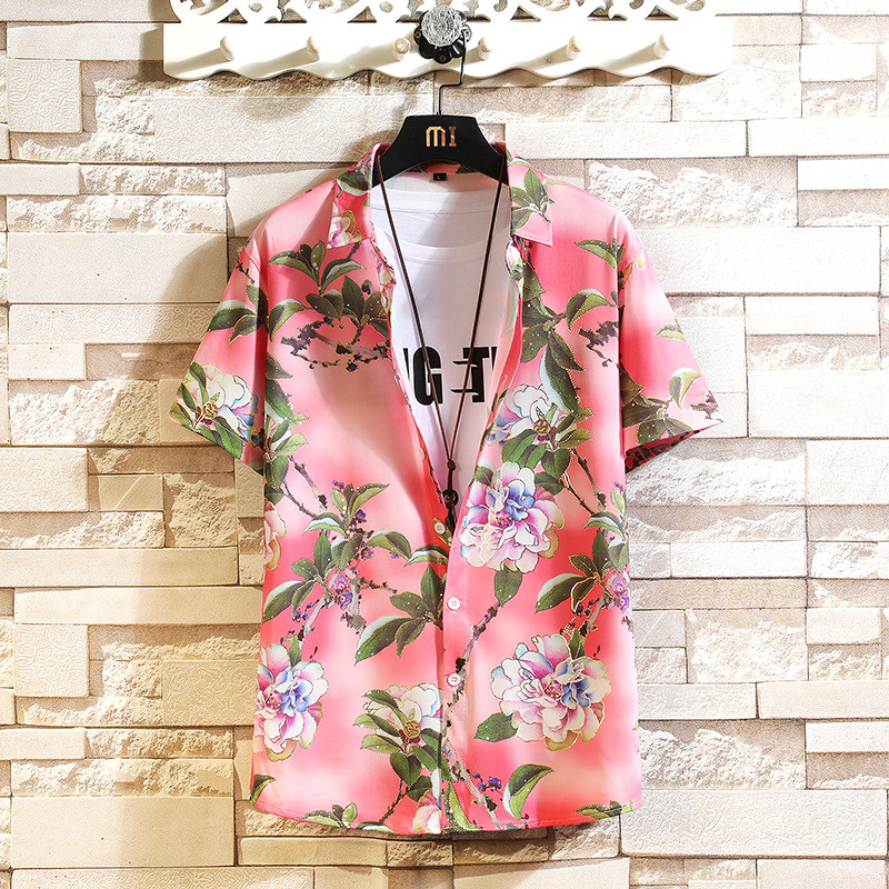 2025夏季男士印花短袖衬衫加肥加大码泰国风半袖衬衣旅游海滩上衣