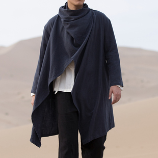 春秋季民族风个性服装禅意休闲外套棉麻复古风衣中长款男披风斗篷