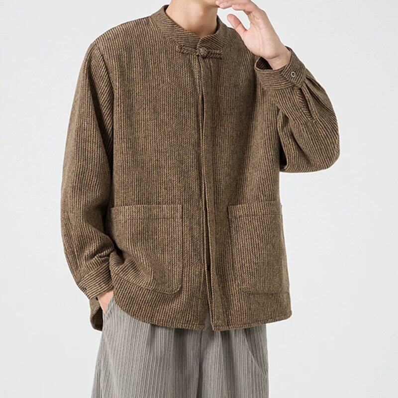 中国风唐装男中式复古盘扣长袖外套毛呢粗布春秋款上衣禅修居士服