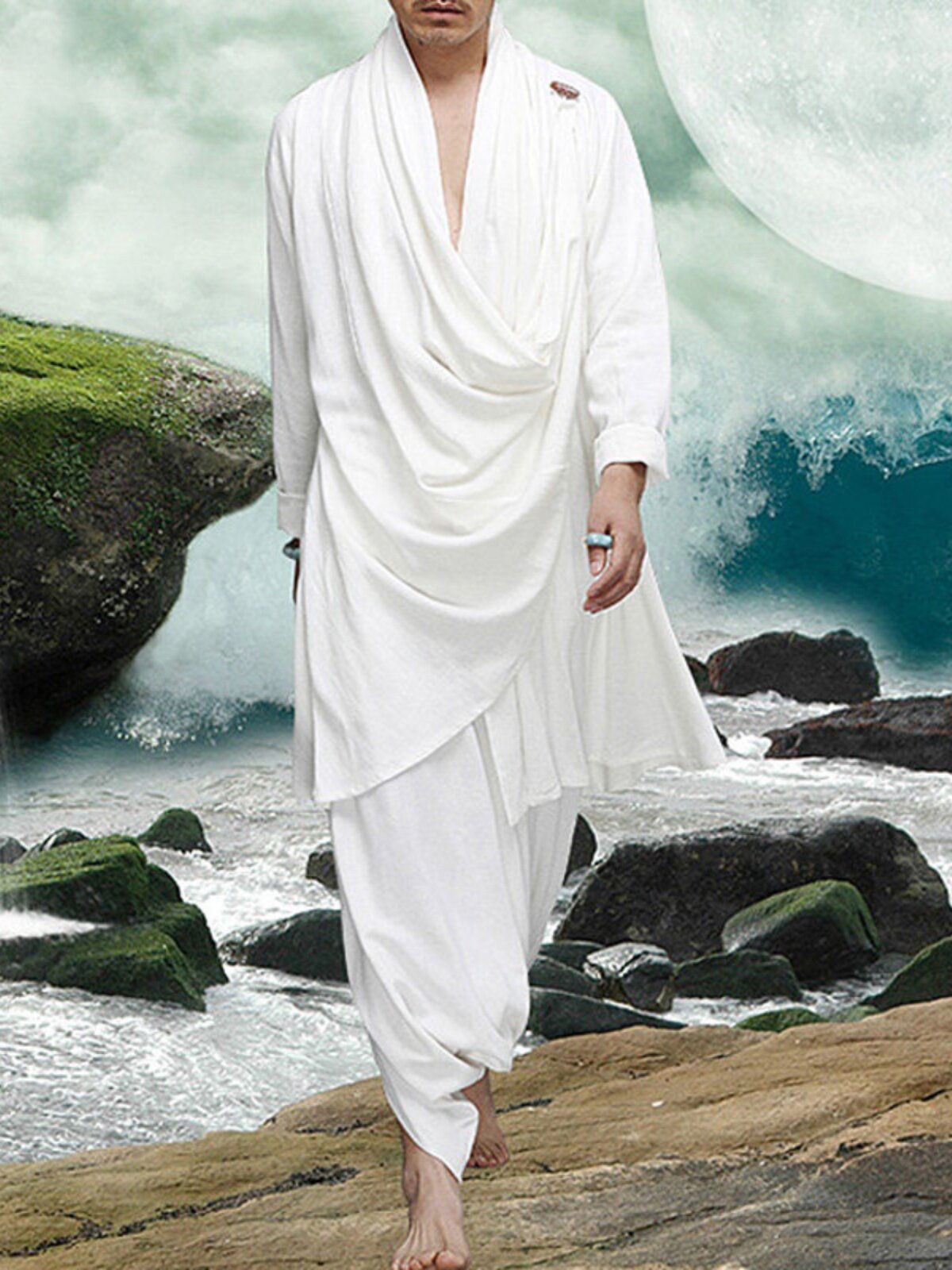 중국 스타일 남성 면화와 린넨 정장 복고풍 선 스님 도교 정장 남성 한 정장 느슨한 민족 스타일 망토 재킷