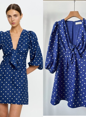 现货 原单澳洲kiv 亚麻波点V领系带中袖连衣裙