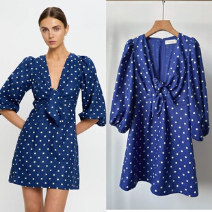 现货 原单澳洲kiv 亚麻波点V领系带中袖连衣裙