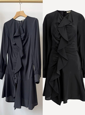 原单美系ull@时尚复古修身显瘦气质荷叶边真丝长袖黑色连衣裙