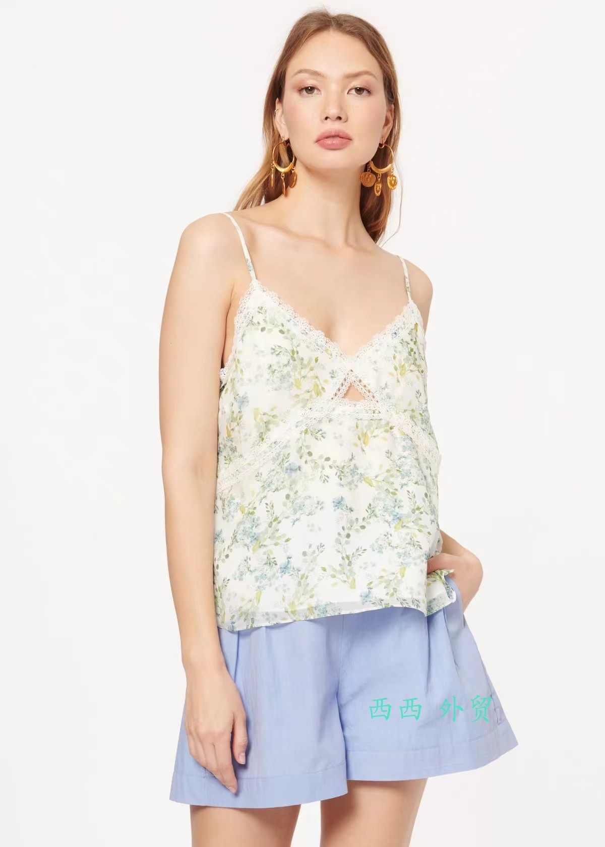 米国设计师品牌 cam1 真丝碎花纯色v领日常百搭吊带上衣 衬衫