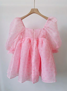 情人节公主裙小众selki@法式复古宫廷风粉色碎花欧根纱连衣裙福利