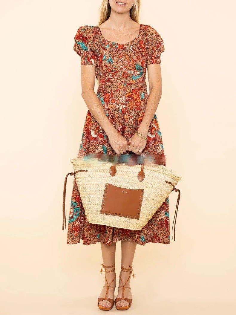 泡泡袖缩褶全棉镂空时尚连衣裙