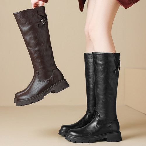 秋冬粗中跟圆头侧拉链修腿长靴子