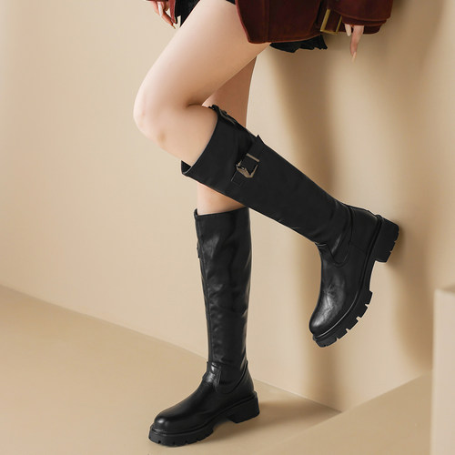 粗中跟4cm高筒圆头后拉链骑士靴