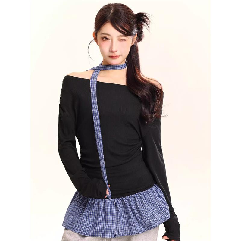 气质小众假两件露肩格子拼接长袖T恤女秋季别致chic修身显瘦上衣