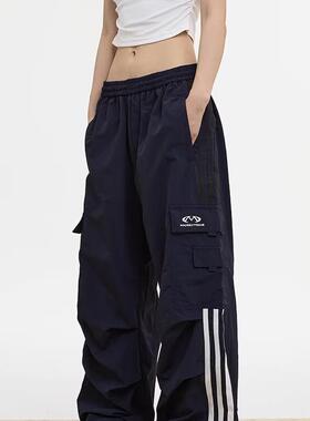 美式复古深灰色侧边条纹工装裤女高街三条杠直筒褶皱休闲伞兵裤