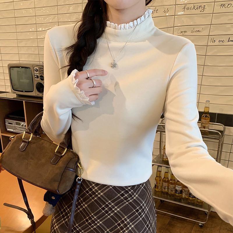 实拍280G螺纹德绒长袖t恤女春秋假两件潮短款修身打底衫圆领上衣