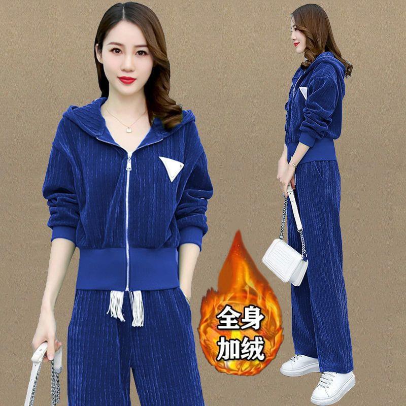 414#加绒加厚休闲运动服套装女秋冬季新款连帽宽松大码开衫两件套