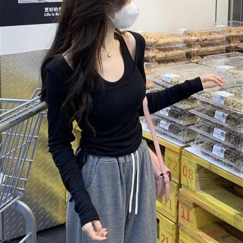 春秋韩版新款个性挂脖长袖t恤女装ins别致显身材打底衫两件套
