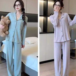 F休闲睡衣女士秋冬季开衫长袖青年针织磨毛抓绒软糯家居服套装