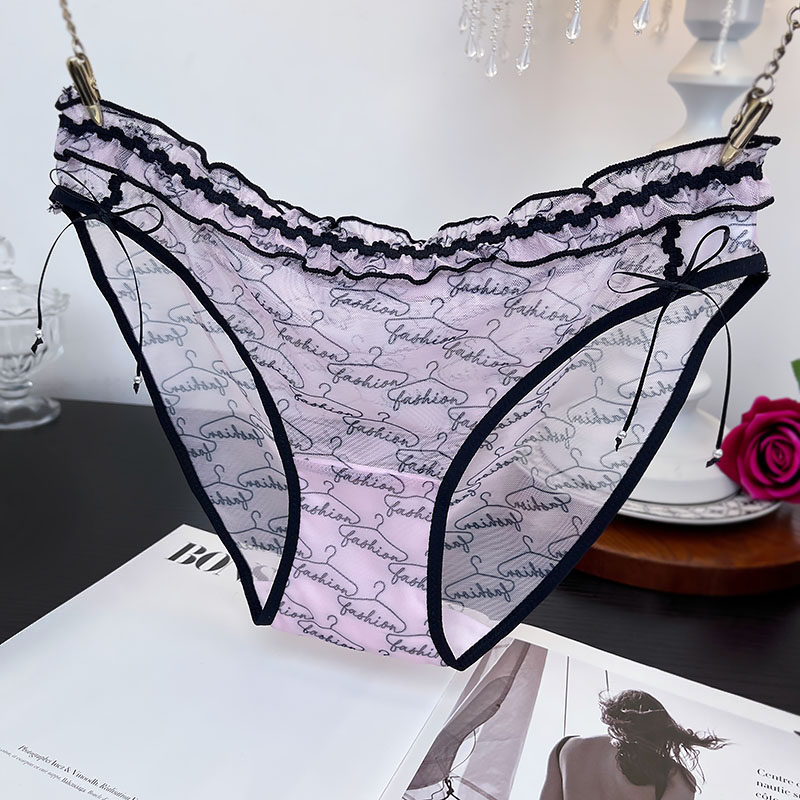 性感蕾丝三角裤女低腰网纱镂空字母印花蝴蝶结内裤