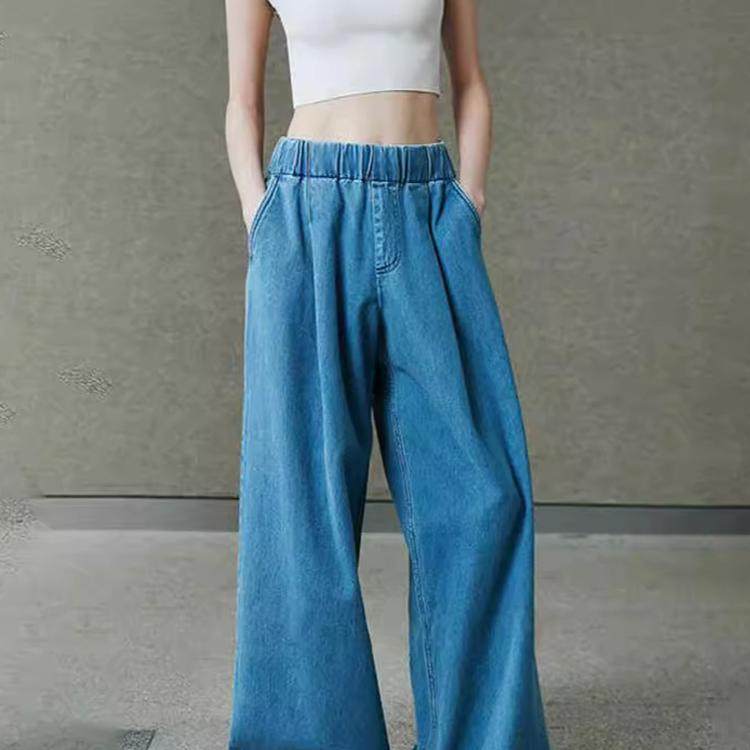 阔腿牛仔裤抽绳松紧宽腰