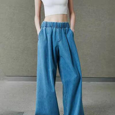 阔腿牛仔裤抽绳松紧宽腰