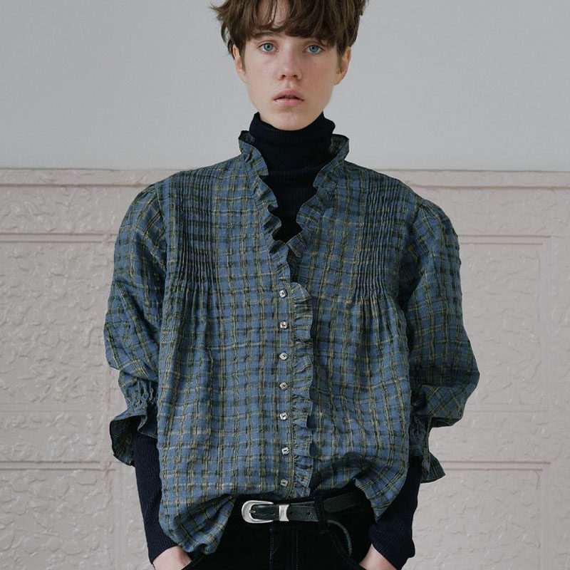 荷叶边格子衬衫复古花边褶皱上衣
