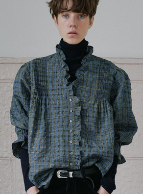 facade pattern荷叶边格子衬衫女2025春季新款花边褶皱肌理感上衣