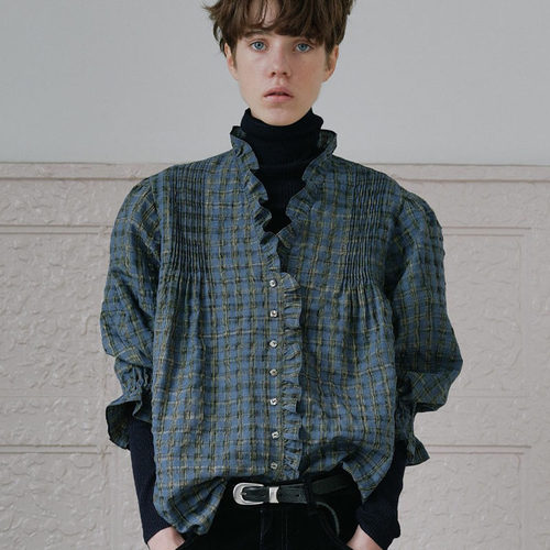 荷叶边格子衬衫复古花边褶皱上衣