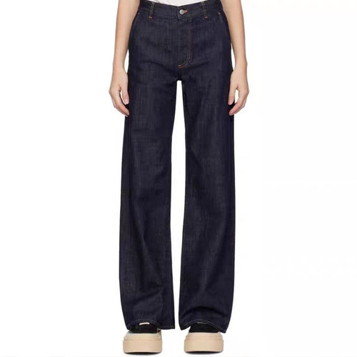 复古深蓝直筒高腰牛仔裤长裤