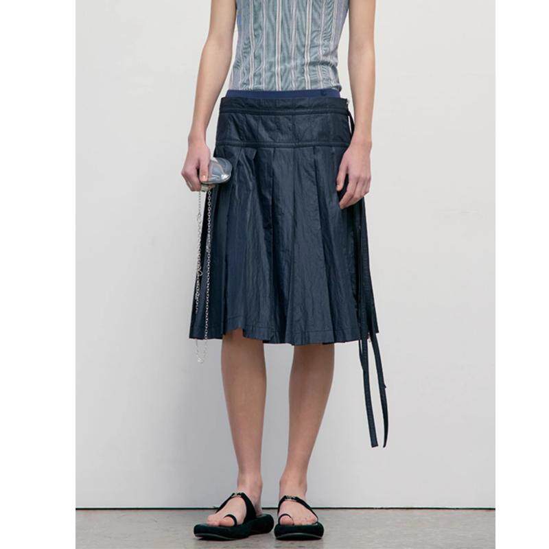 半身裙女拉链抽绳绑带百褶裙