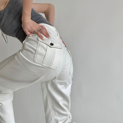 春秋白色高腰牛仔长裤女休闲