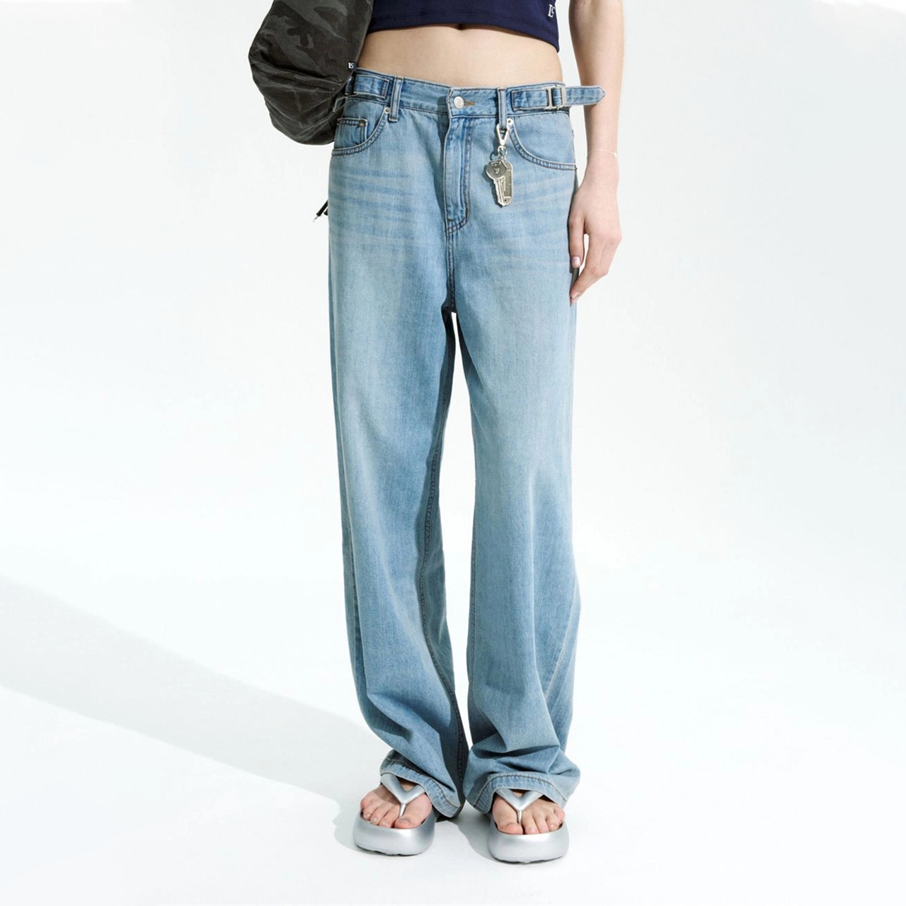 牛仔裤女直筒腰带可调节长裤