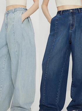 facade pattern极简阔腿裤女欧洲进口宽松牛仔裤高腰休闲长裤子