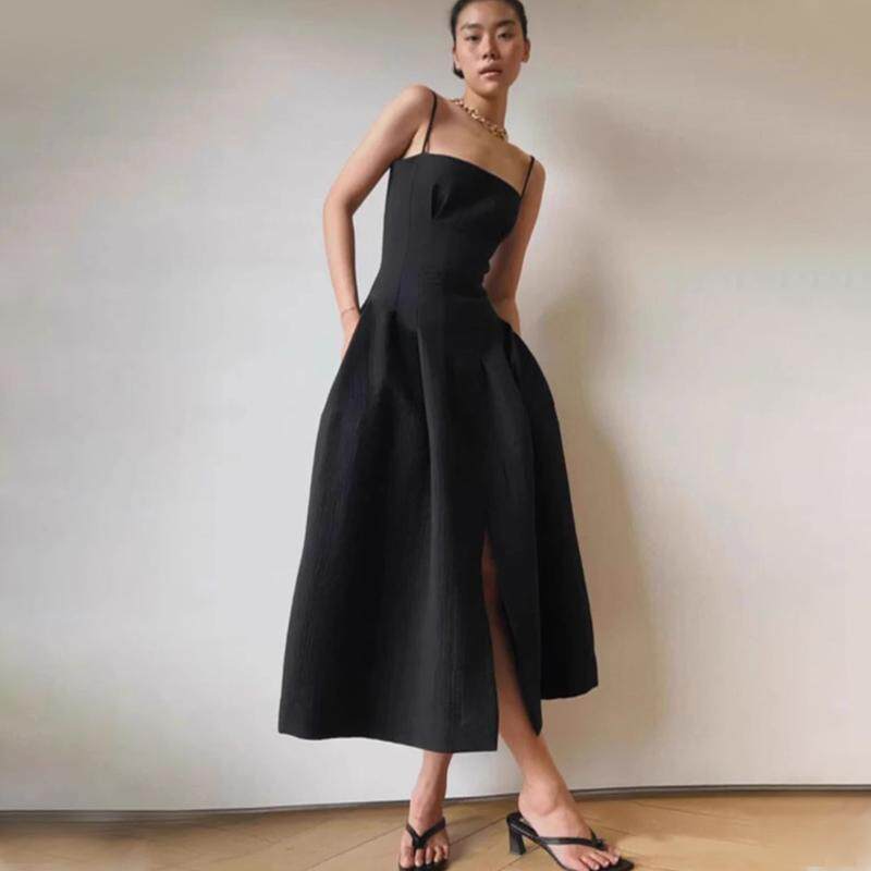 facade pattern吊带连衣裙女2025夏新款设计师A字大摆长款裙子