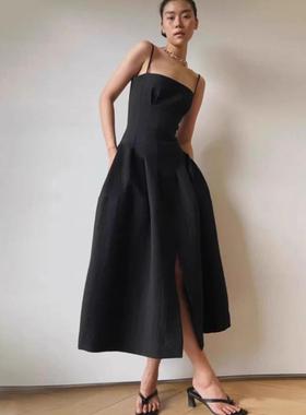 facade pattern吊带连衣裙女2025夏新款设计师A字大摆长款裙子