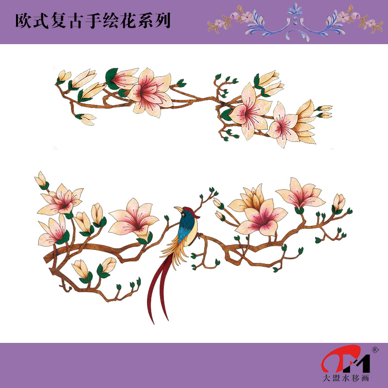 欧式复古田园手绘花水移画橱柜贴