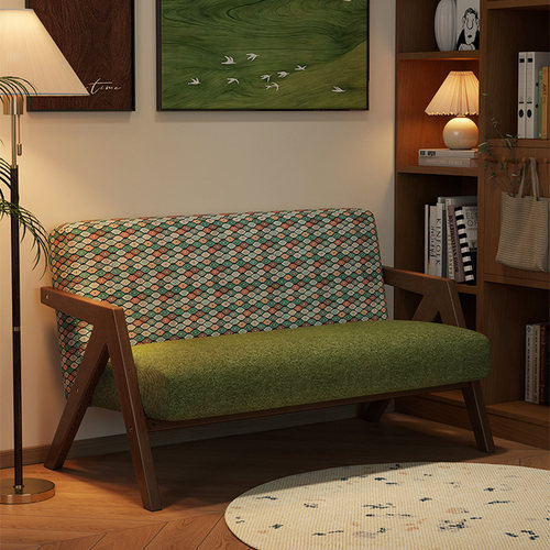 复古实木三人沙发中古风布艺沙发